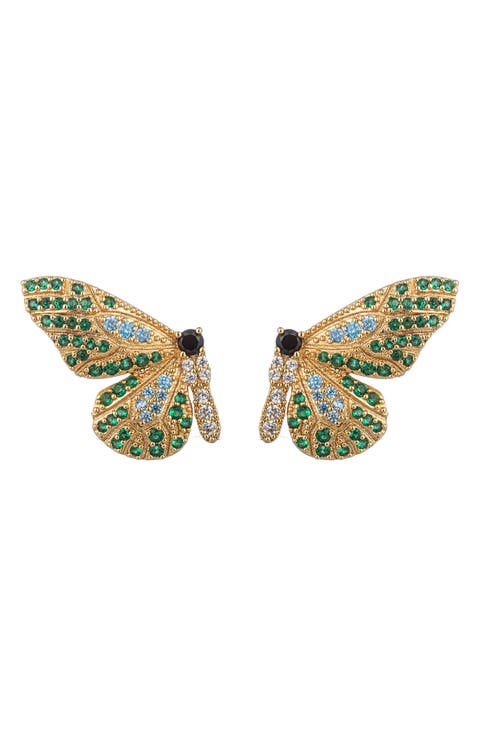 Pave CZ Split Monarch Butterfly Drop Earrings