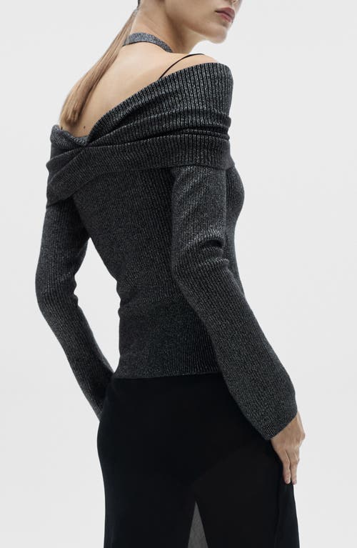 Mango Metallic Off The Shoulder Sweater In Grey