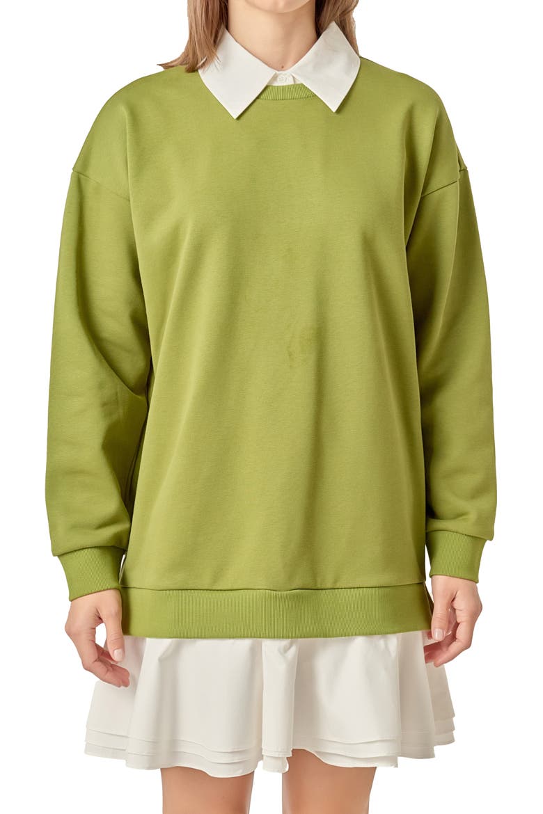 Long Sleeve Mixed Media Sweatshirt Minidress, Alternate, color, OLIVE/ WHITE