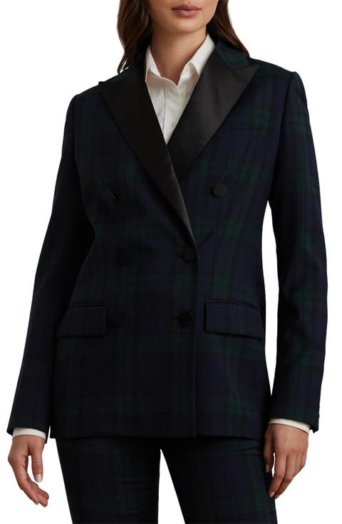 Plaid Satin Trim Double Breasted Wool Blend Blazer