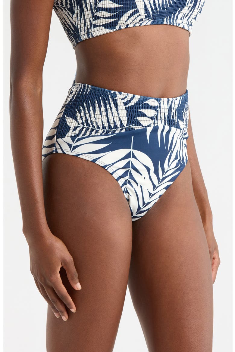 Smocked High Waist Bikini Bottoms, Alternate, color, NAVY PARADISE FOLIAGE