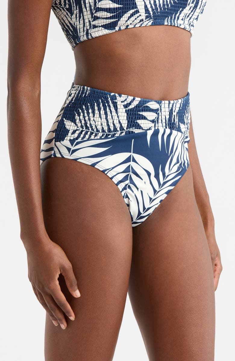 Hutch Smocked High Waist Bikini Bottoms, Alternate, color, Navy Paradise Foliage