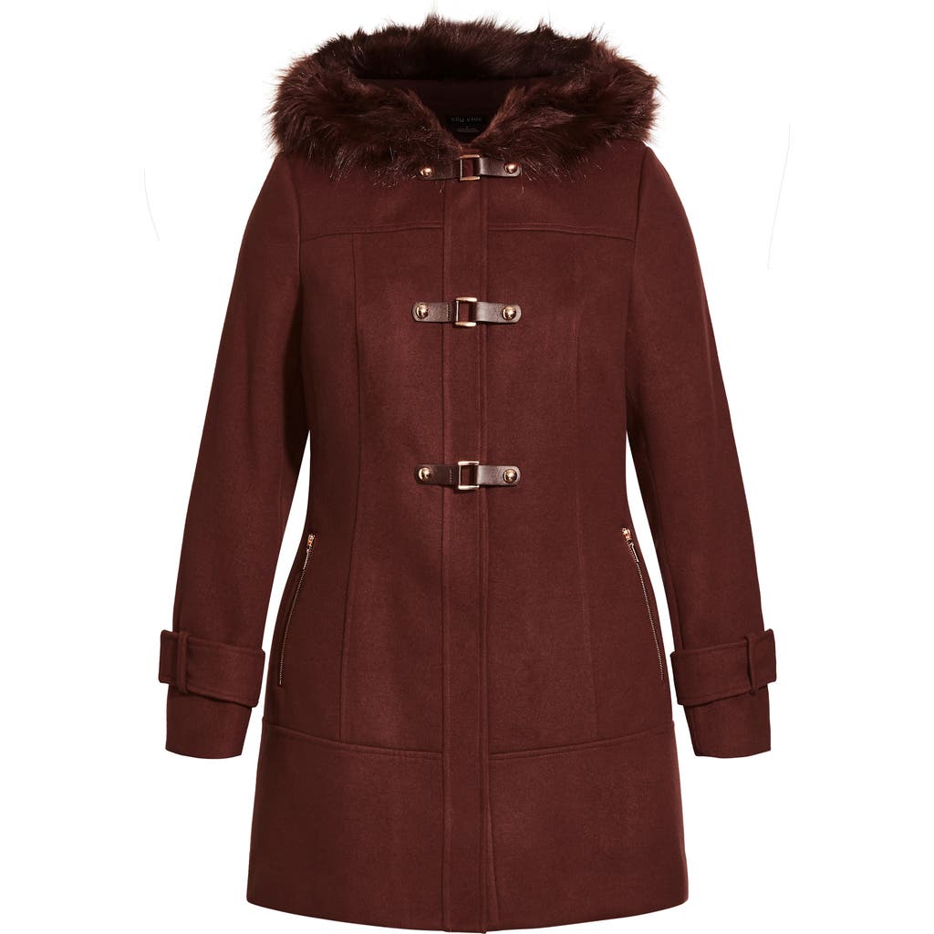 City Chic Wonderwall Coat With Faux Fur Collar In Brown