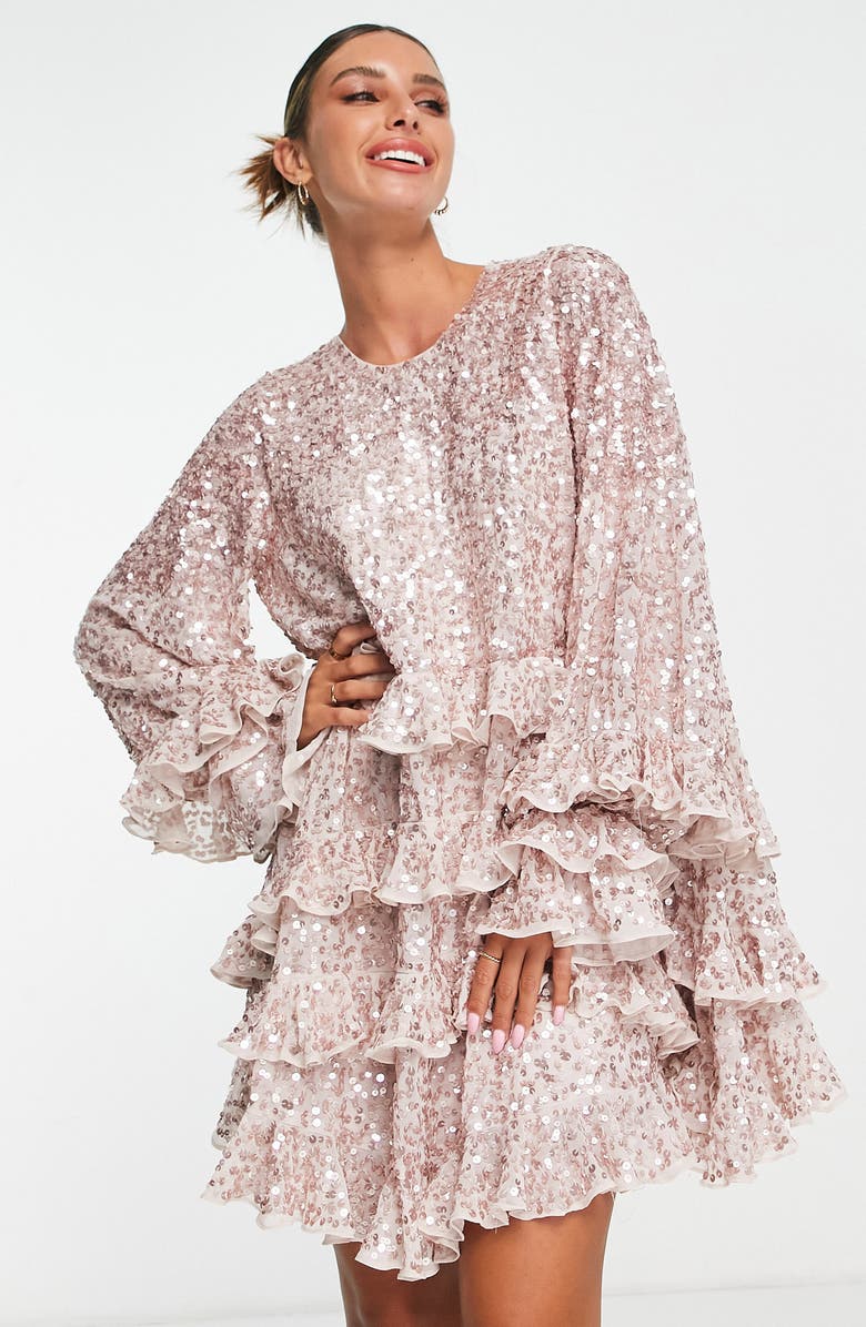 ASOS DESIGN Sequin Ruffle Shift Dress, Alternate, color,