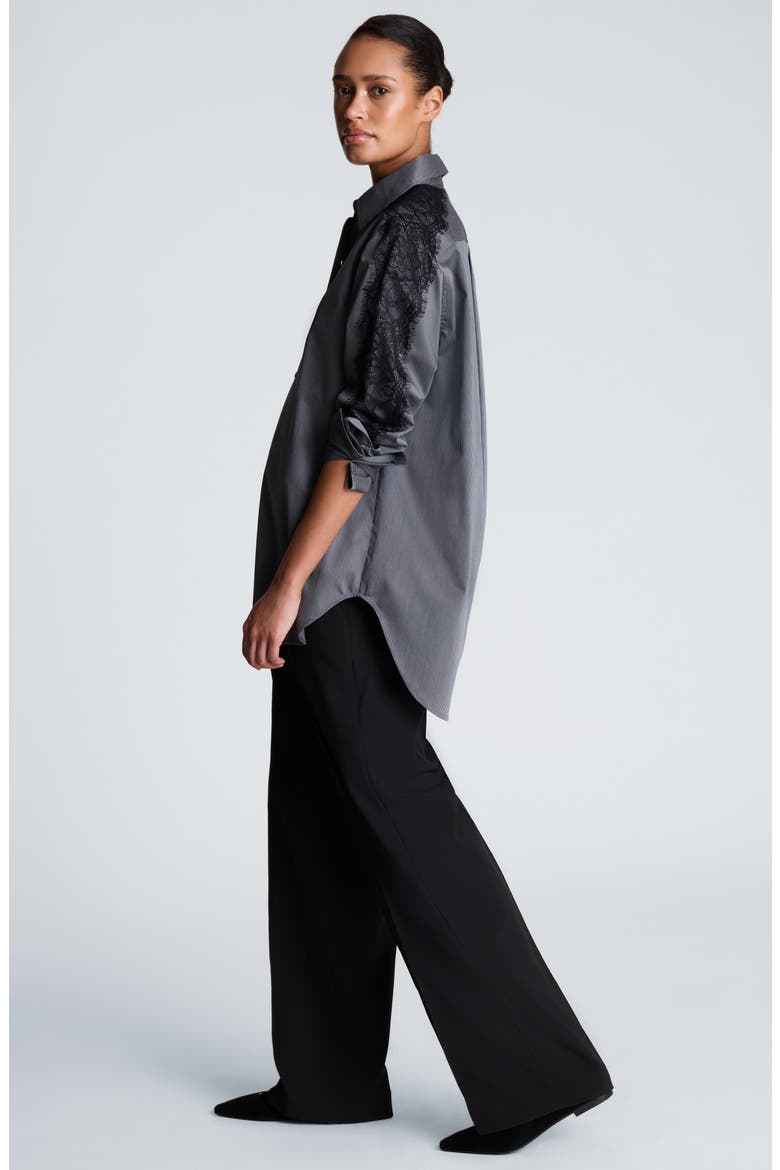 Lace Trim Striped Boyfriend Shirt, Alternate, color, BLACK/ PEWTER MIST