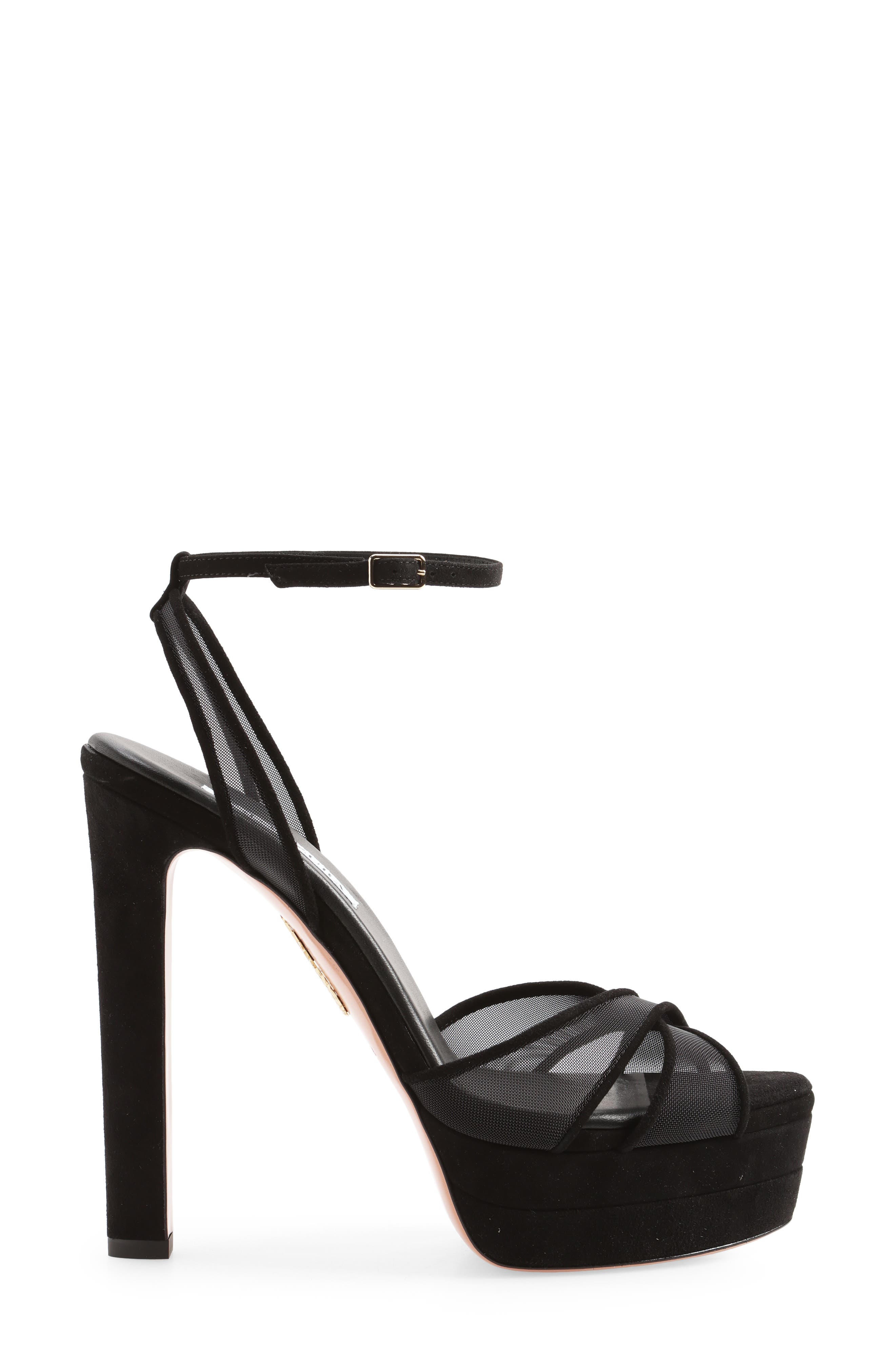Aquazzura Divine Mesh Ankle Strap Platform Sandal, Alternate, color, Black