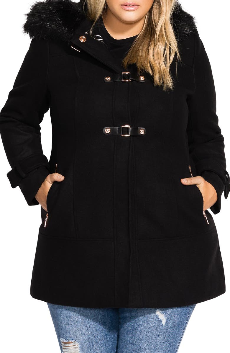 City Chic Wonderwall Coat with Faux Fur Collar, Main, color,