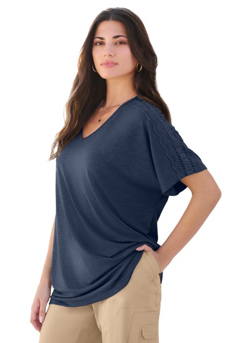 Plus Size Lace Trimmed Textured Tee (Plus)