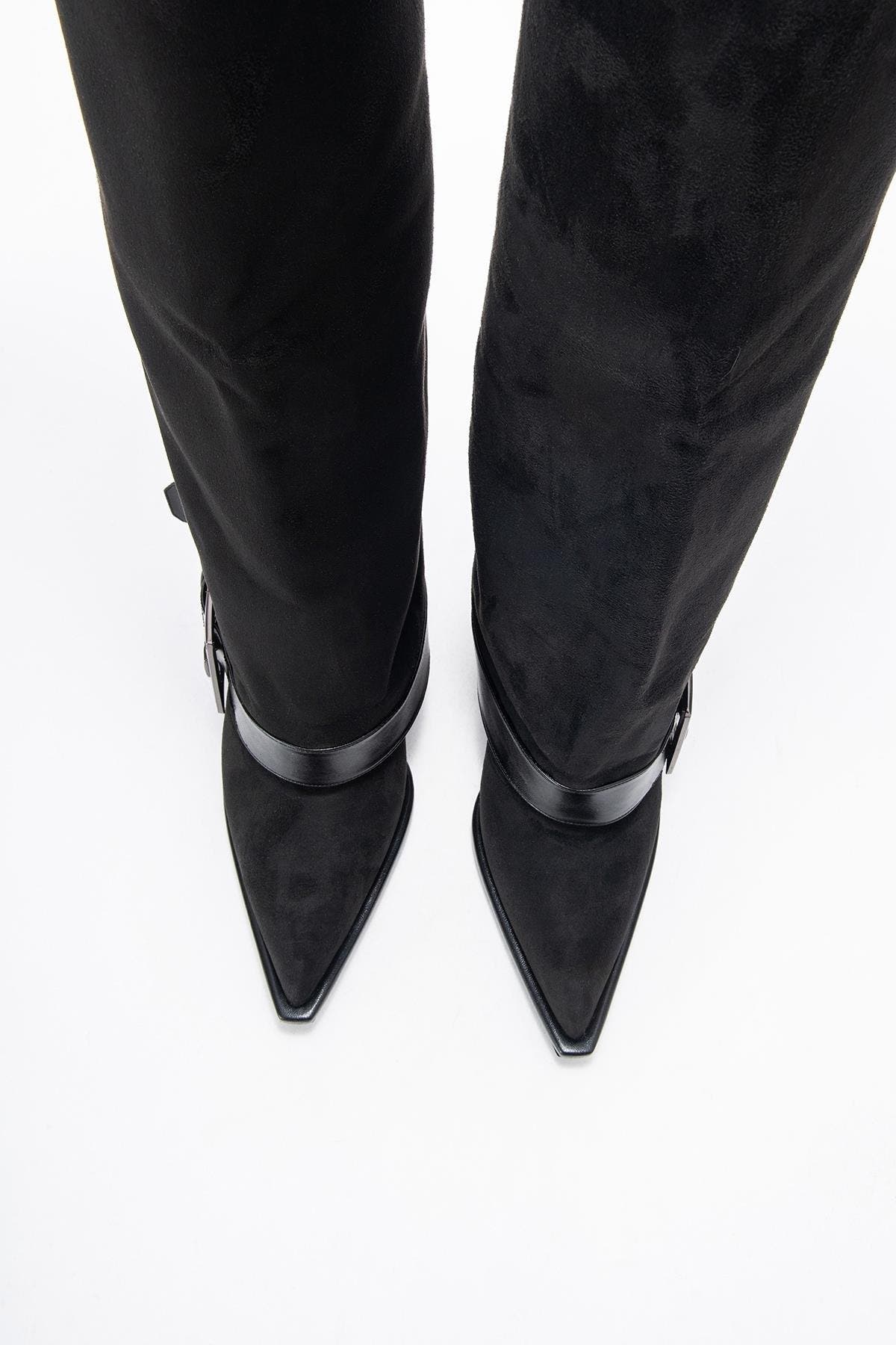 Prologue Shoes Elva Buckle Strap Knee High Boot, Alternate, color, Black Suede Faux Leather