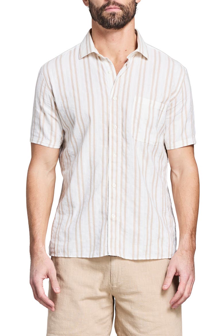 Dobby Stripe Short Sleeve Cotton & Linen Button-Up Shirt, Main, color, TINTED WHITE/ KHAKI
