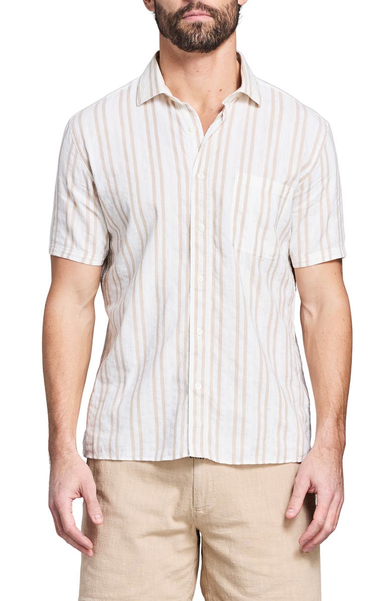 Billy Reid Dobby Stripe Short Sleeve Cotton & Linen Button-Up Shirt, Main, color, Tinted White/ Khaki