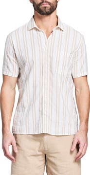 Billy Reid Dobby Stripe Short Sleeve Cotton & Linen Button-Up Shirt