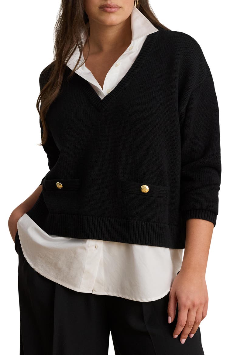 Layered Mixed Media Sweater, Alternate, color, BLACK/ WHITE