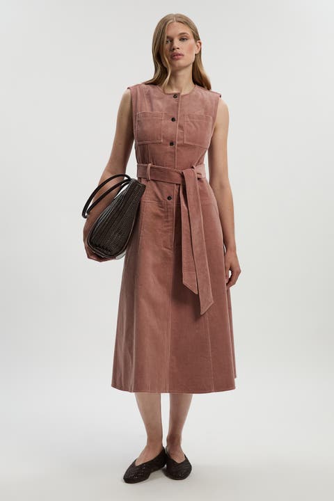 Stretch Cord Belted Midi Dress