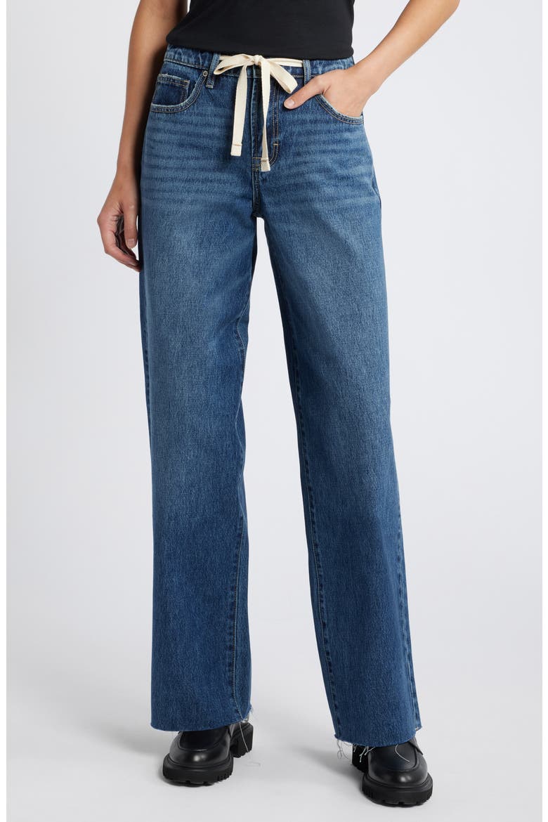 Tie Waist Baggy Wide Leg Jeans, Main, color, DARK WASH