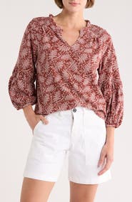 Bobeau Split Neck Balloon Sleeve Top