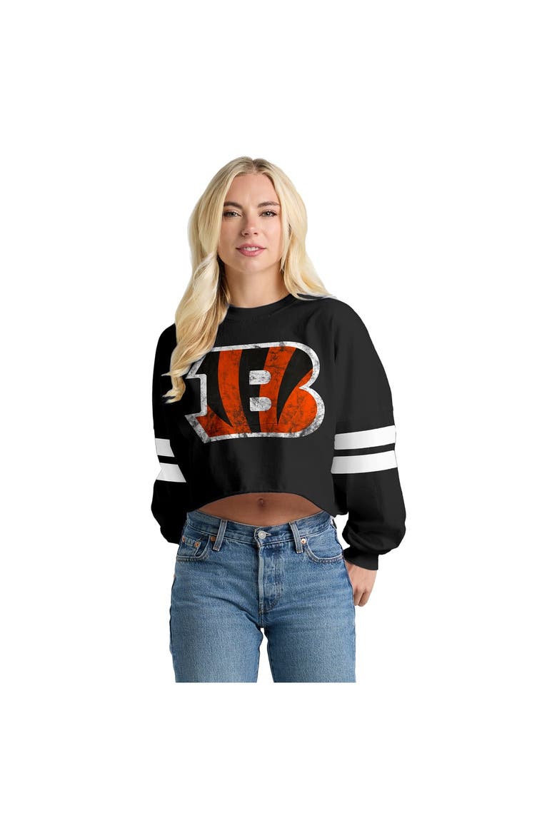 Women's Spirit Jersey  Black Cincinnati Bengals Oversized Cropped Stripe Long Sleeve T-Shirt, Main, color, Black