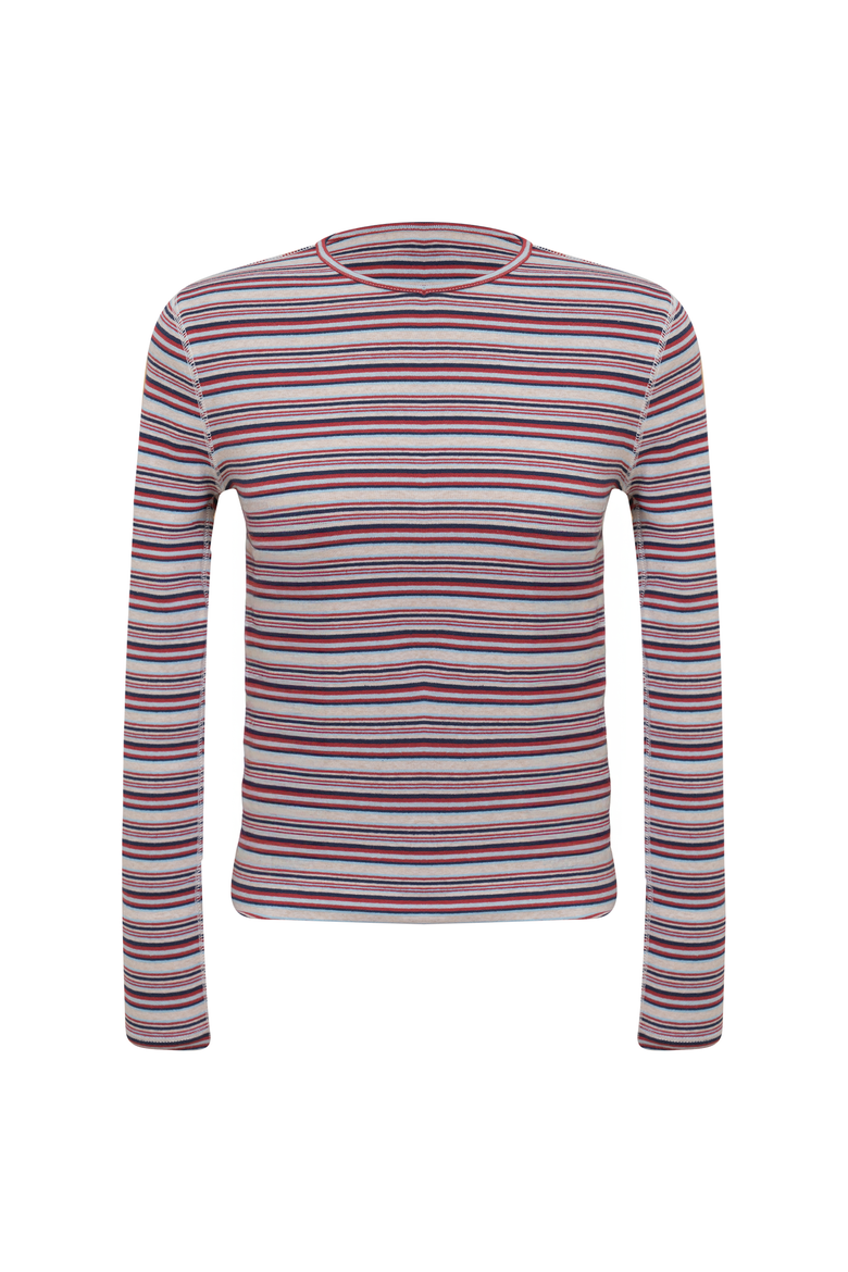 Girl Striped V-Neck Long Sleeve Self-Binding Tee, Main, color, Port