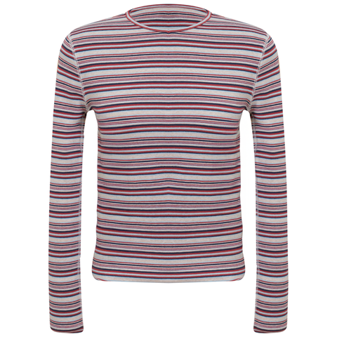 Striped V-Neck Long Sleeve Tee - 65% Cotton, 30% Polyester, 5% Spandex