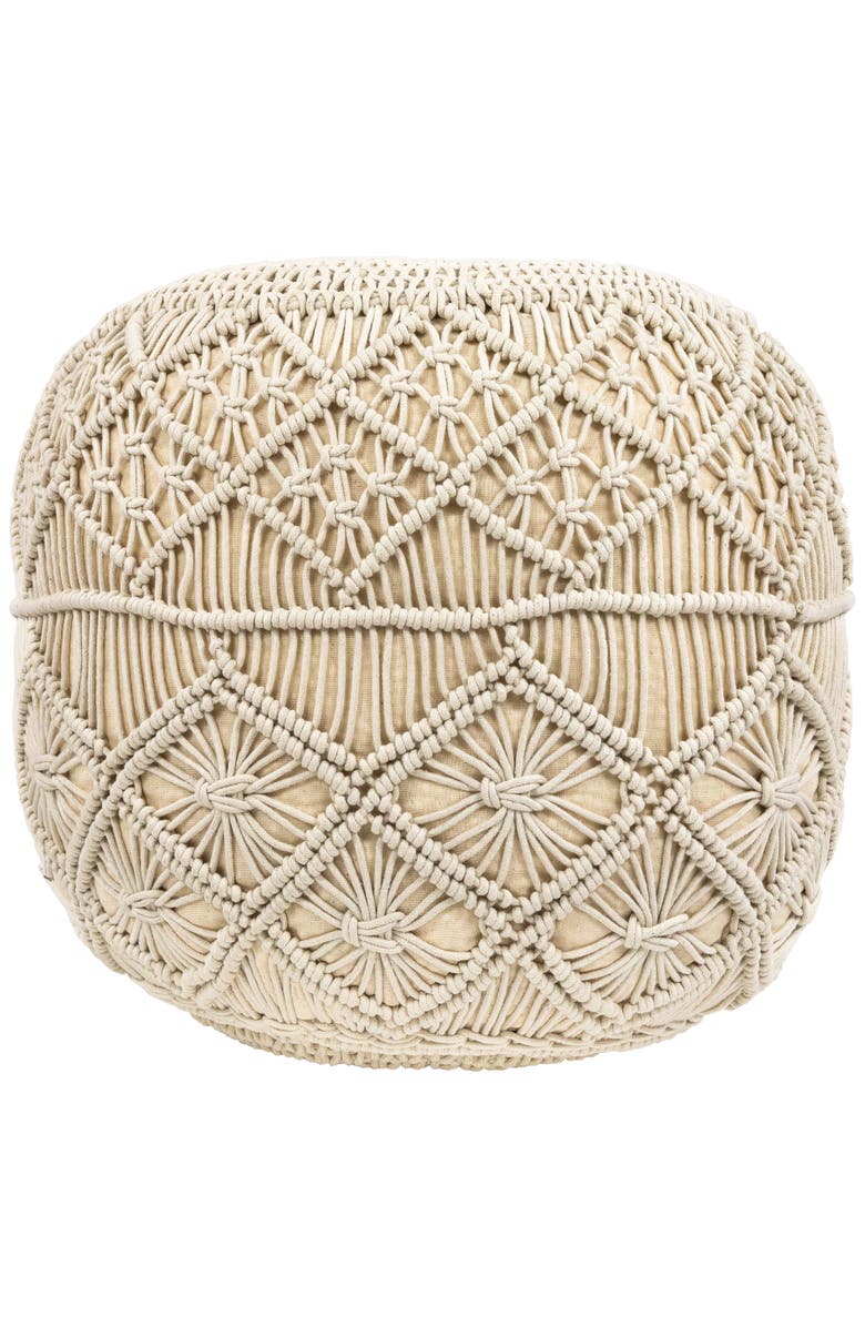 Northlight 18" Solid Cream Macrame Round Handmade Natural Cotton Pouf Ottoman, Main, color, Ivory