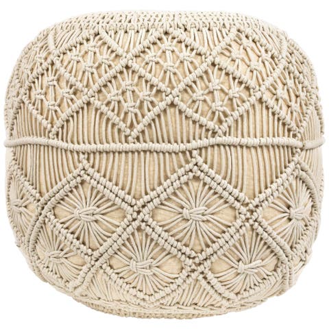 18" Solid Cream Macrame Round Handmade Natural Cotton Pouf Ottoman