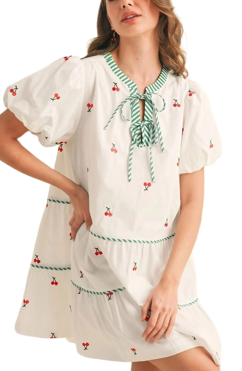 Knit and Lounge Cherry Embroidered Striped Puff Sleeve Tie Neck Tiered Mini Dress, Alternate, color, Cherry Embroidery