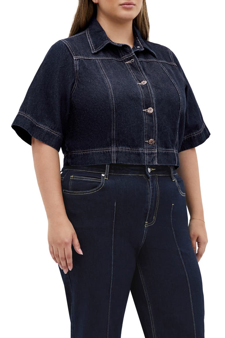 Millie Short Sleeve Denim Jacket, Alternate, color, DARK DENIM