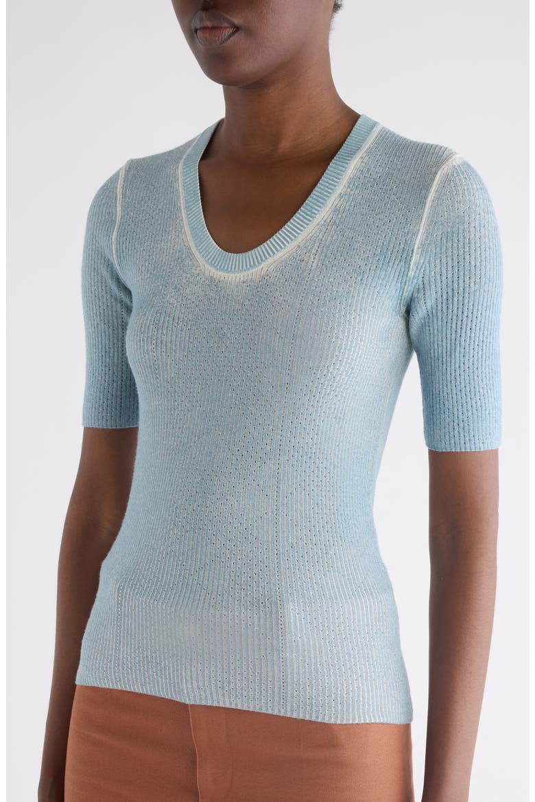 Pointelle Stitch Short Sleeve Merino Wool Blend Sweater, Alternate, color, CLOUDLESS BLUE