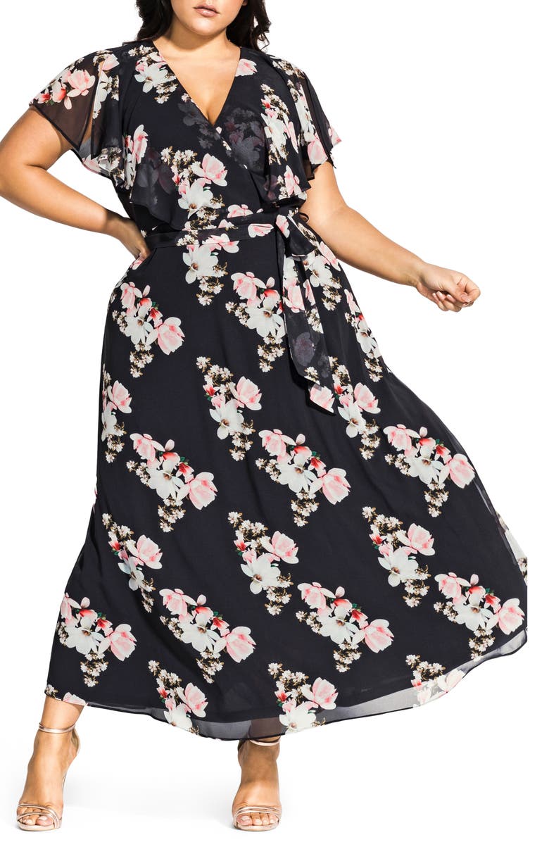 City Chic Sacred Lotus Woven Wrap Maxi Dress, Main, color, 