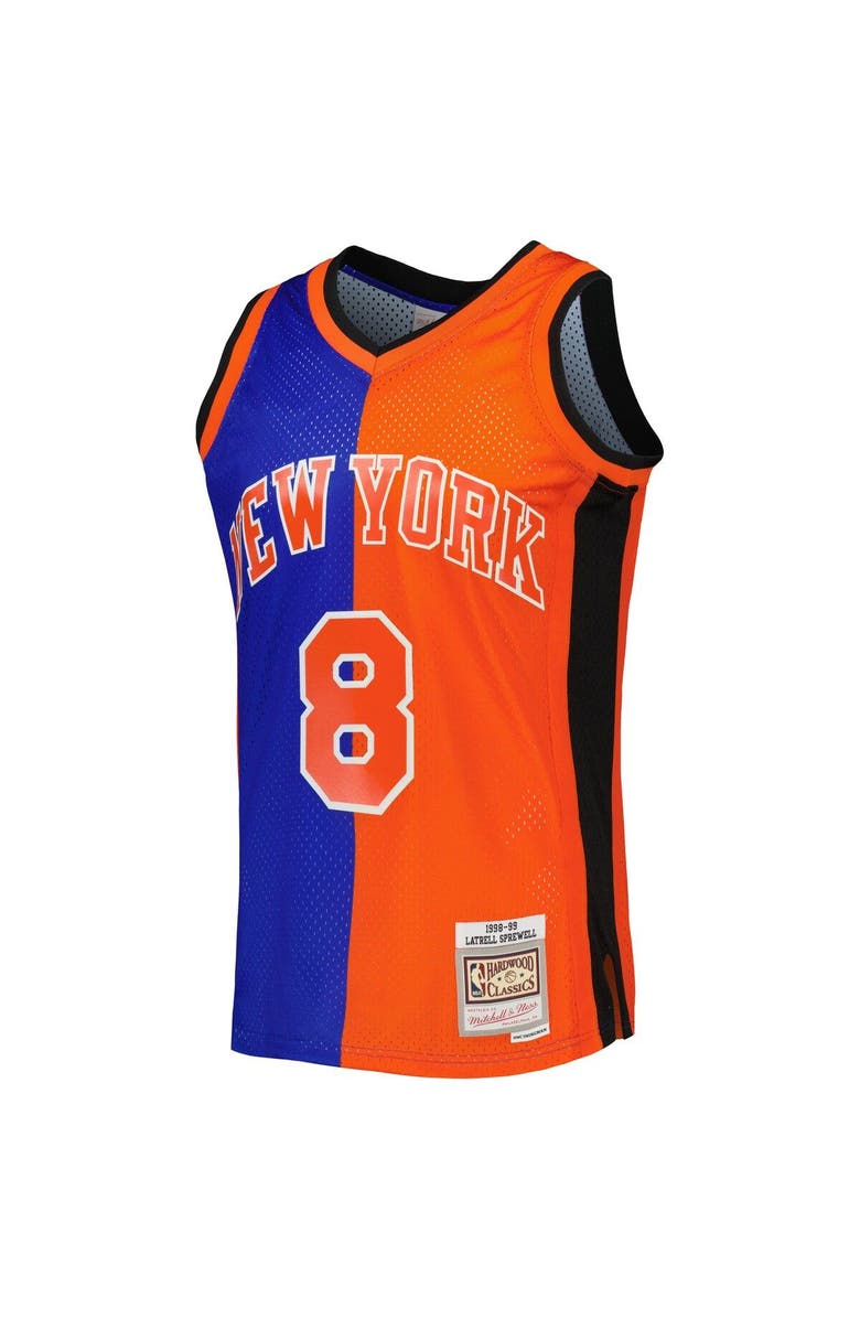 Mitchell & Ness Men's Mitchell & Ness Latrell Sprewell Blue/Orange New York Knicks Hardwood Classics 1998/99 Split Swingman Jersey, Alternate, color, 