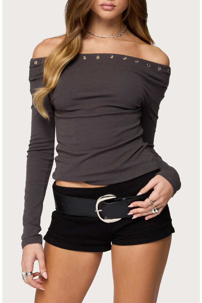 Rebekka Grommet Detail Off the Shoulder Knit Top, Main, color, DARK-GRAY