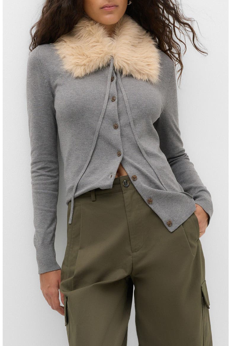 Faux Fur Collar Cardigan, Main, color, MEDIUM GREY MARL