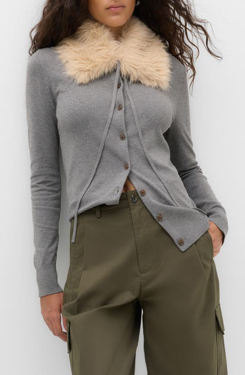 Faux Fur Collar Cardigan