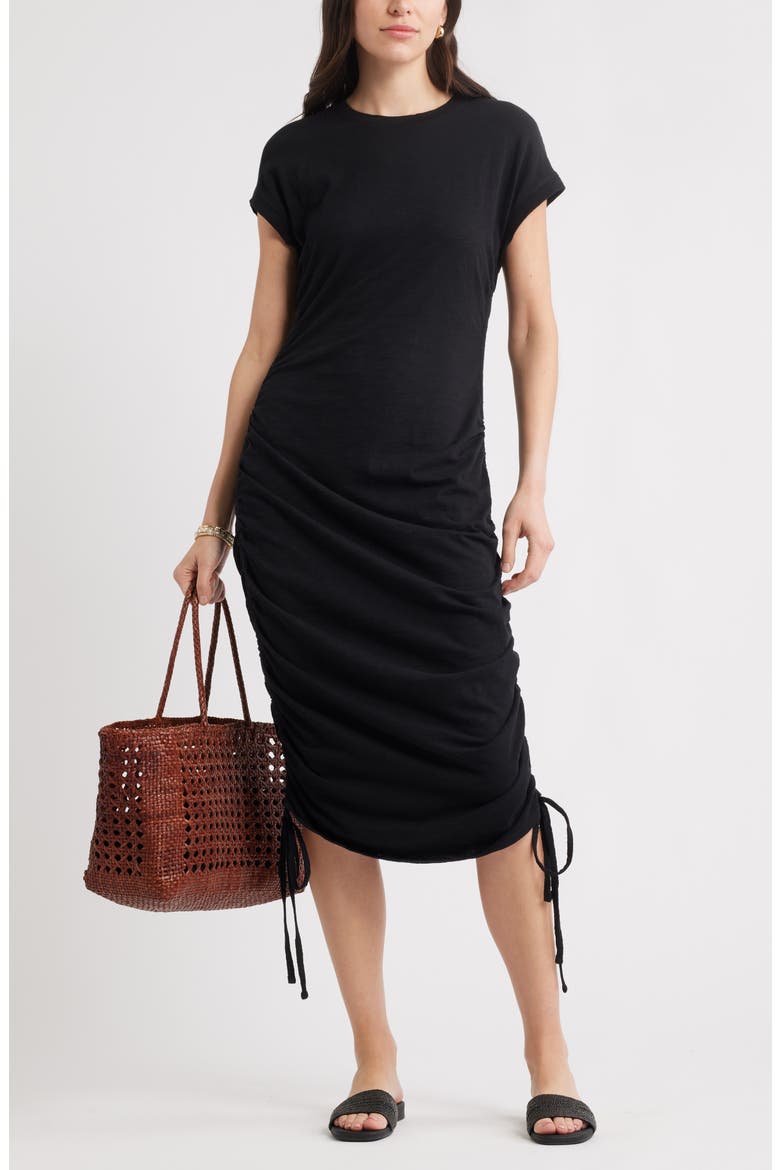 Ruched Cotton Midi T-Shirt Dress, Alternate, color, BLACK