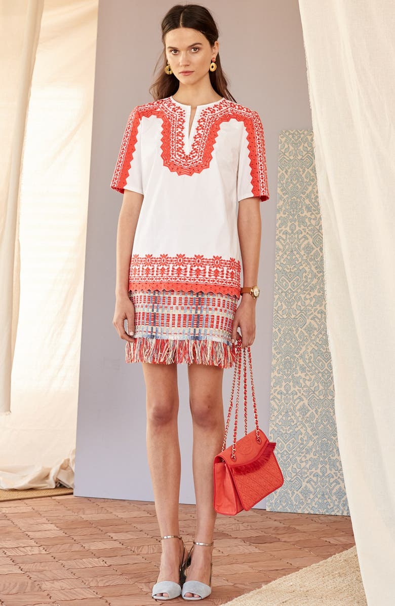 Tory Burch 'Isla' Embroidered Stretch Cotton Tunic, Alternate, color, 