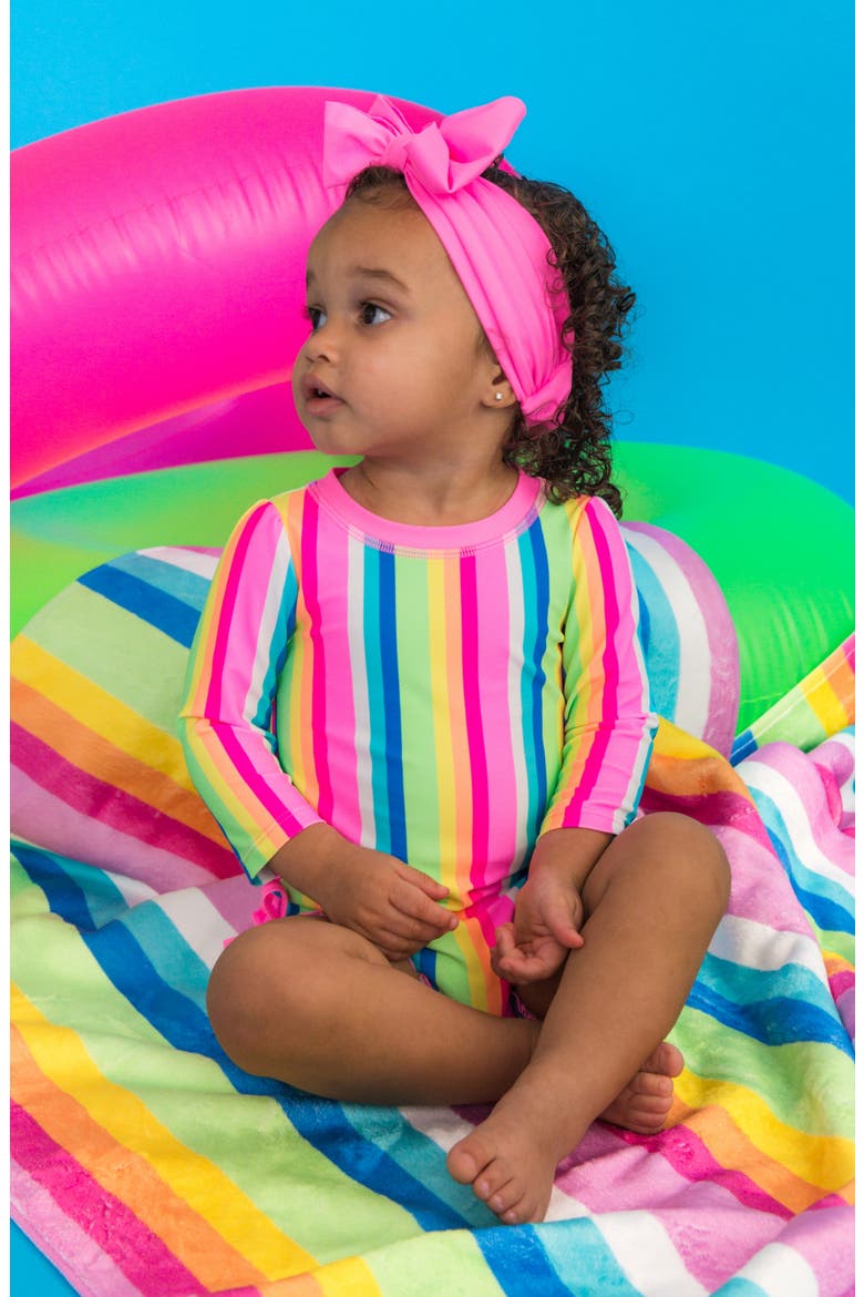 Kids' Seersucker One-Piece Rashguard Swimsuit, Alternate, color, PINK MULTI
