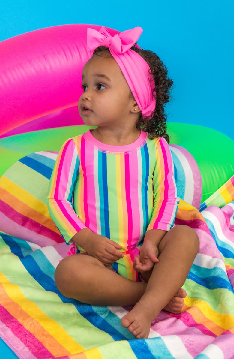 RuffleButts Kids' Seersucker One-Piece Rashguard Swimsuit, Alternate, color, Pink Multi