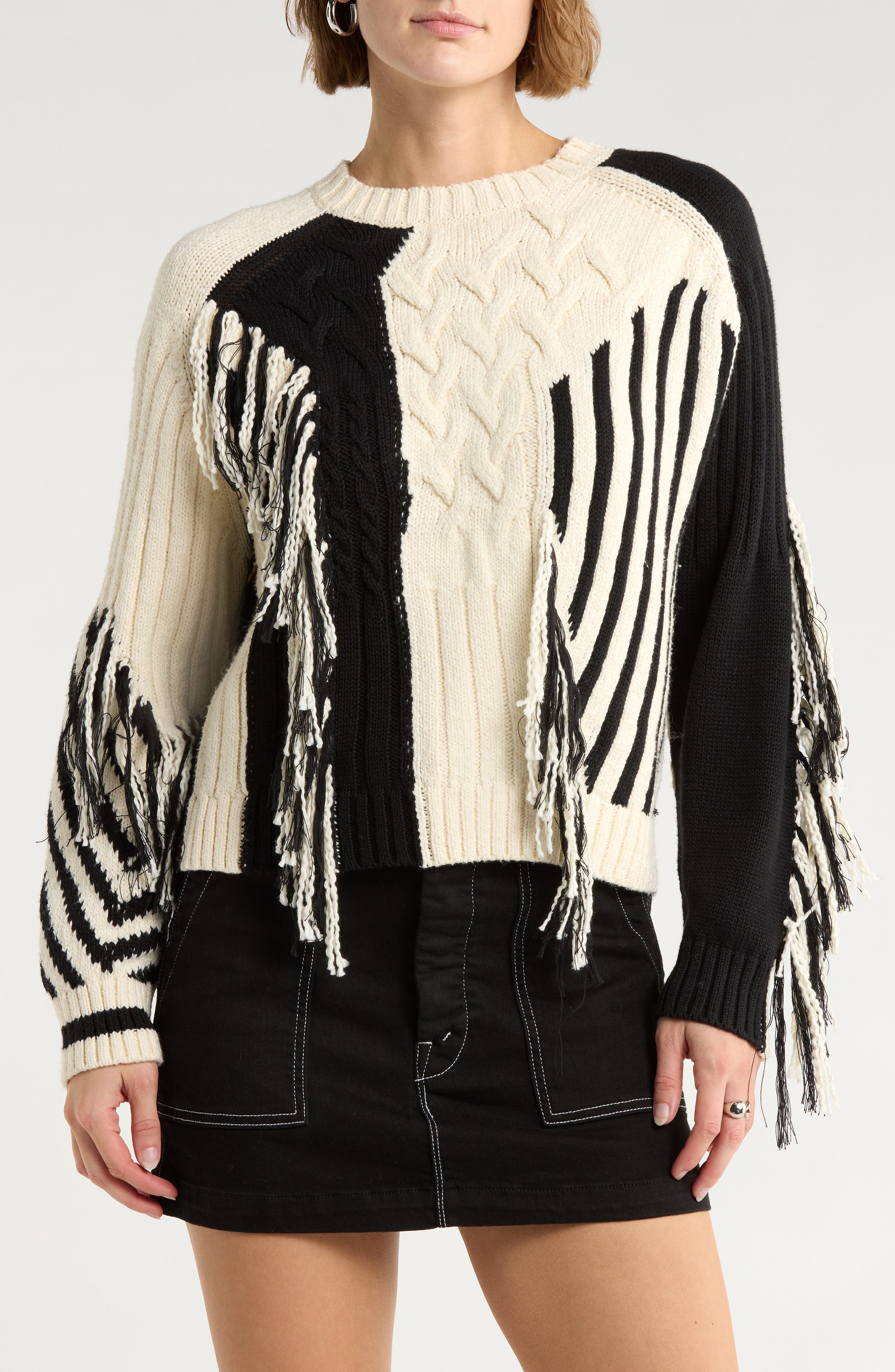 MOTHER The Jumper Colorblock Cable Stitch Fringe Sweater