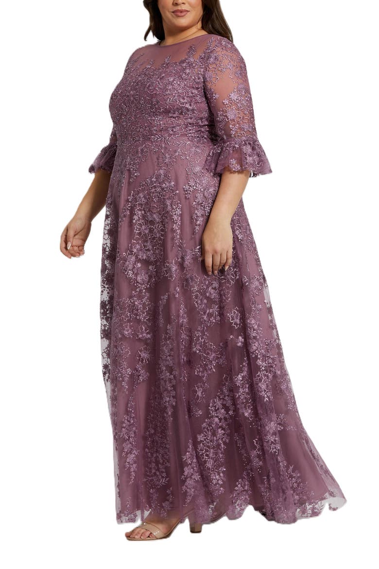 High Neck Flutter Sleeve Embroidered A Line Gown, Alternate, color, Vintage Lilac