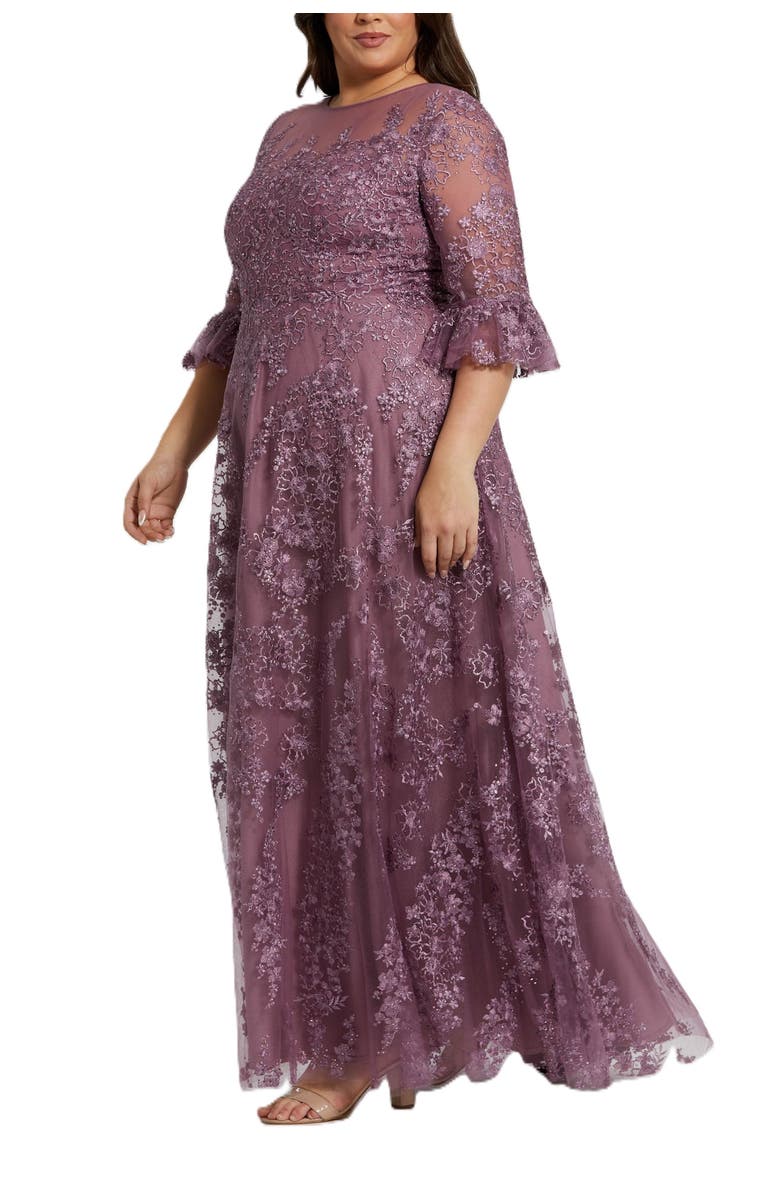 Mac Duggal High Neck Flutter Sleeve Embroidered A Line Gown, Alternate, color, Vintage Lilac