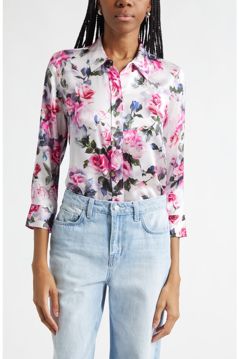 Dani Floral Print Three-Quarter Sleeve Silk Button-Up Shirt, Main, color, PINK MULTI WATER ROSE