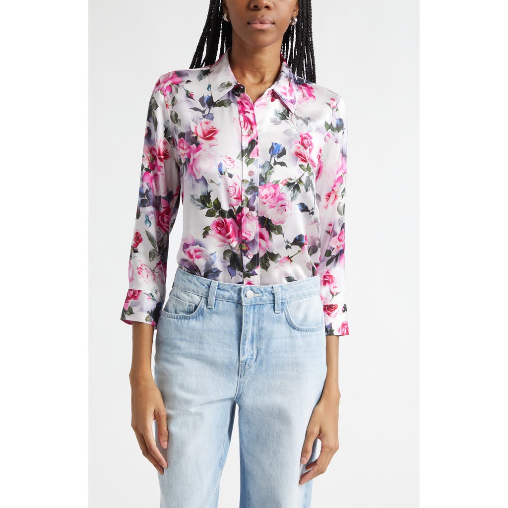 L'agence Dani Floral Print Three-quarter Sleeve Silk Button-up Shirt