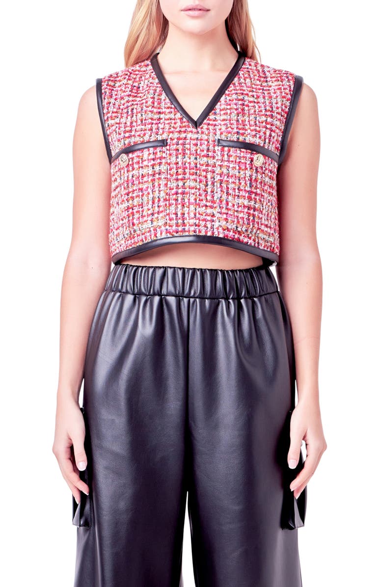 English Factory Faux Leather Trim Crop Tweed Vest, Main, color, Red Multi