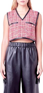 English Factory Faux Leather Trim Crop Tweed Vest