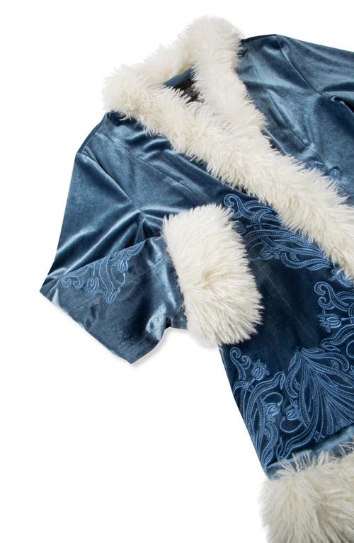 Shop Truce Kids' Faux Fur Trim Embroidered Velvet Jacket In Teal