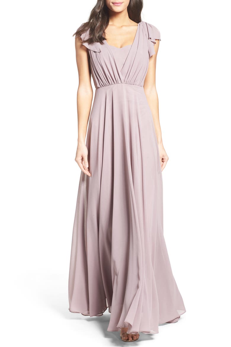 Flutter Sleeve Chiffon Gown, Main, color, GREY