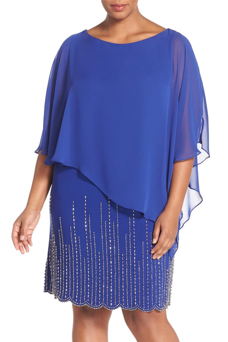 Xscape Chiffon Overlay Beaded Jersey Dress, Main, color, ROYAL/ LIGHT GUNMETAL