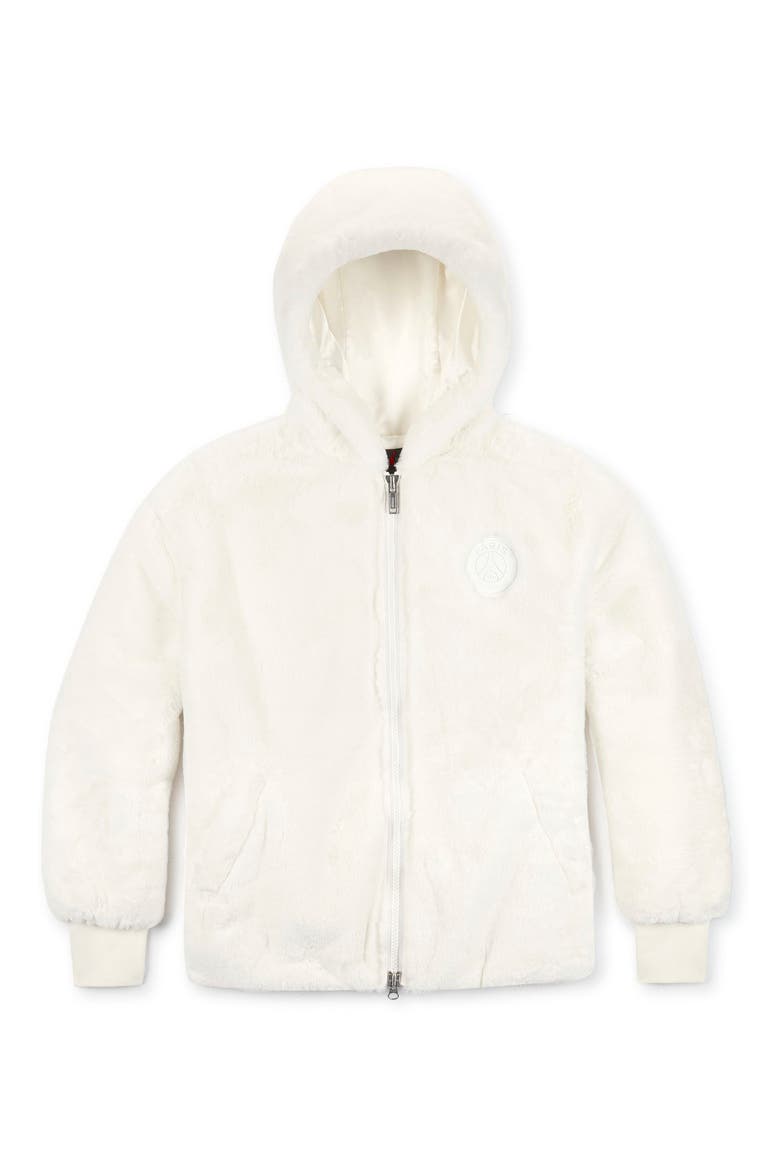 x Paris Saint-Germain Hooded Faux Fur Bomber Jacket, Alternate, color, SAIL/ UNIVERSITY RED