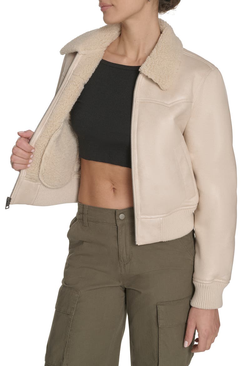 Faux Shearling Trim Faux Leather Western Bomber Jacket, Alternate, color, ALMOND MILK
