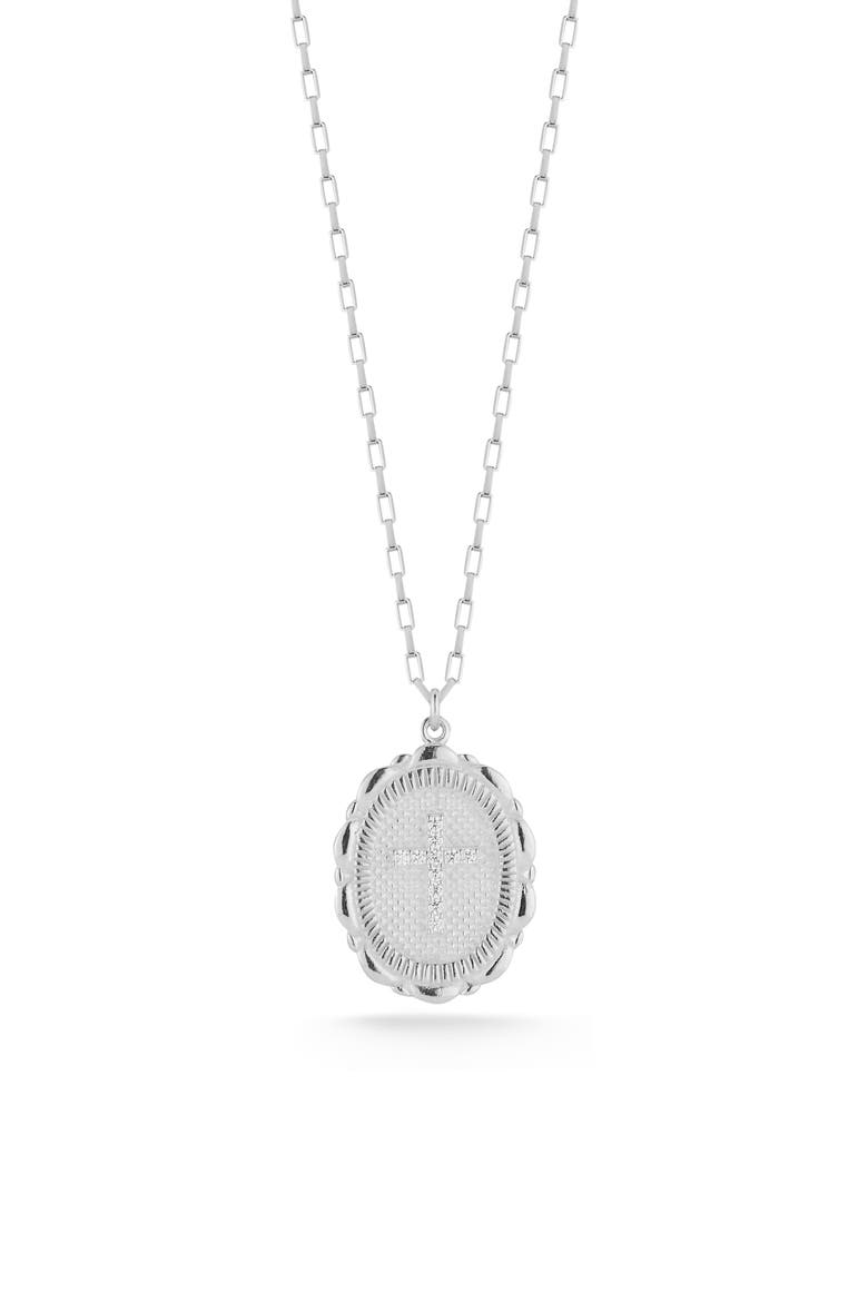 Sterling Silver CZ Cross Oval Pendant Necklace, Main, color, SILVER